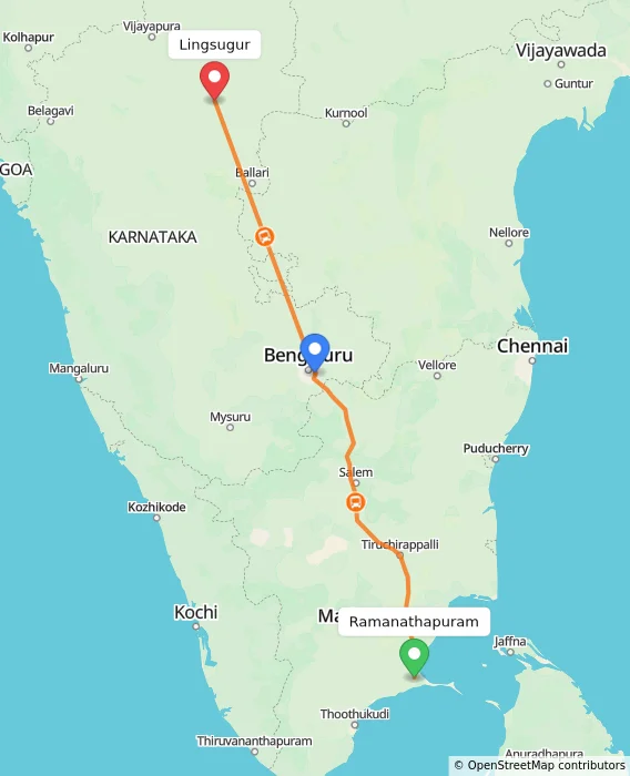 Route map showing distance and travel time from Ramanathapuram, India to Lingsugur, India