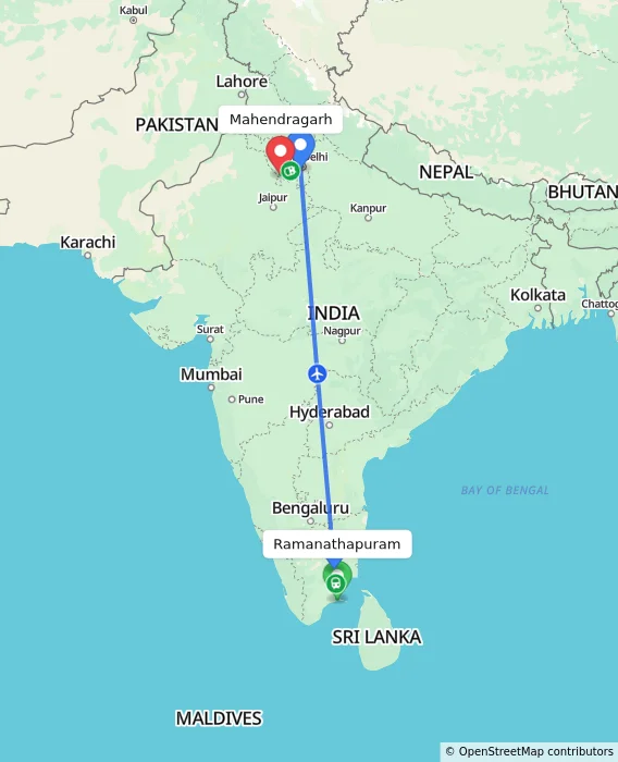 Route map showing distance and travel time from Ramanathapuram, India to Mahendragarh, India