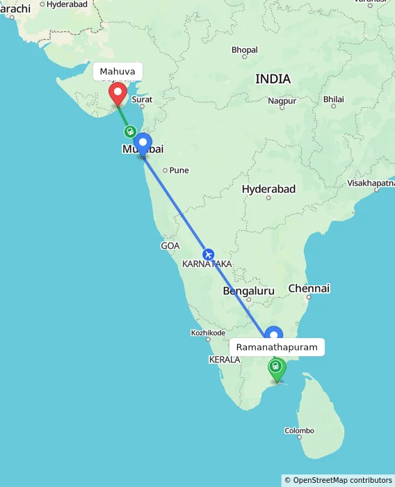 Route map showing distance and travel time from Ramanathapuram, India to Mahuva, India