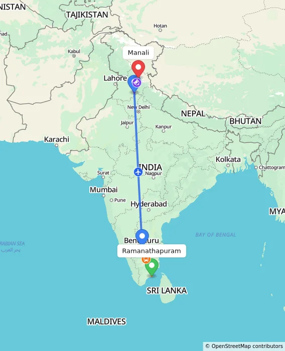 Route map showing distance and travel time from Ramanathapuram, India to Manali, India