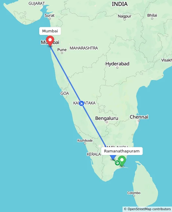 Route map showing distance and travel time from Ramanathapuram, India to Mumbai, India