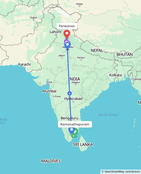 Route map showing distance and travel time from Ramanathapuram, India to Parwanoo, India