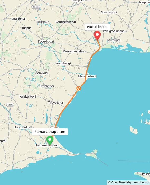 Route map showing distance and travel time from Ramanathapuram, India to Pattukkottai, India