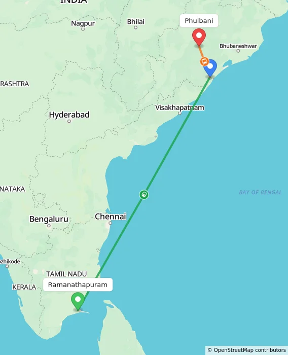 Route map showing distance and travel time from Ramanathapuram, India to Phulbani, India