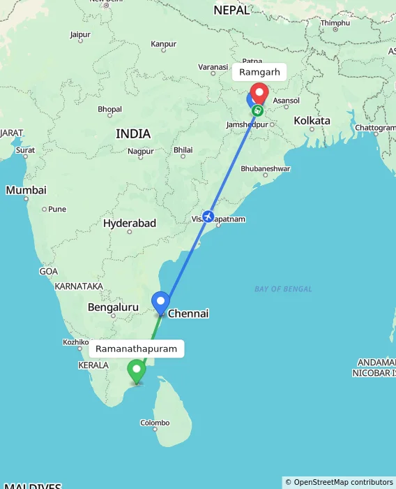 Route map showing distance and travel time from Ramanathapuram, India to Ramgarh, India