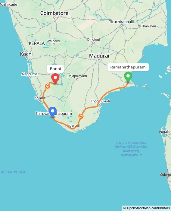 Route map showing distance and travel time from Ramanathapuram, India to Ranni, India