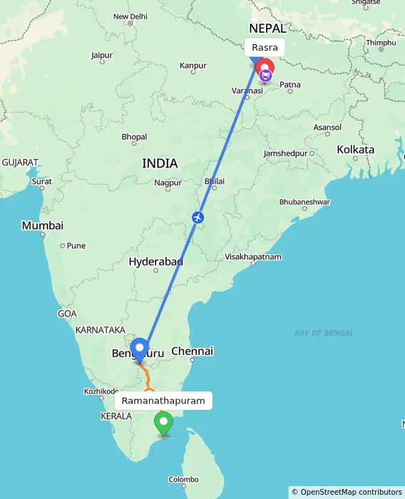 Route map showing distance and travel time from Ramanathapuram, India to Rasra, India