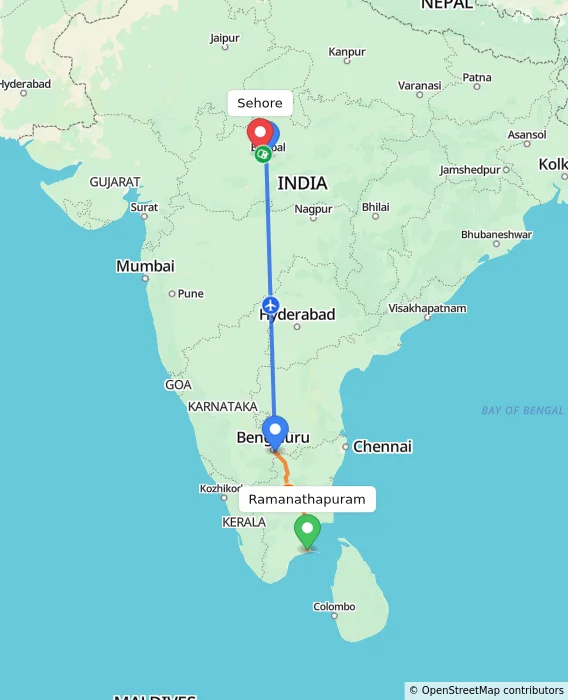Route map showing distance and travel time from Ramanathapuram, India to Sehore, India