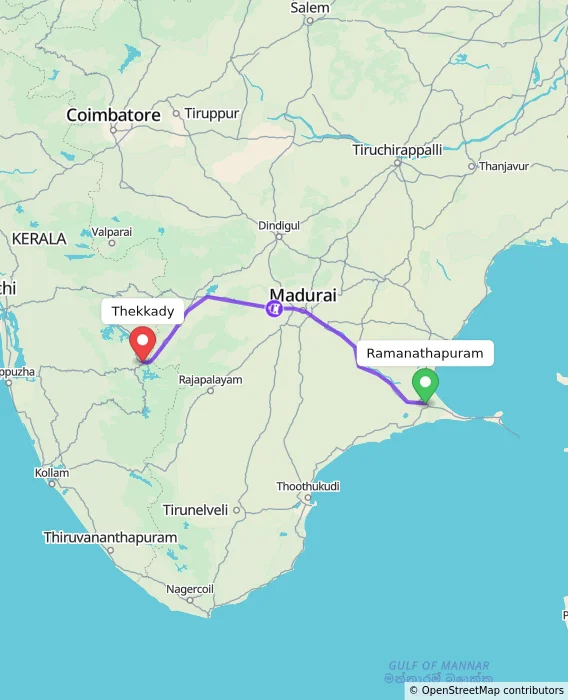 Route map showing distance and travel time from Ramanathapuram, India to Thekkady, India