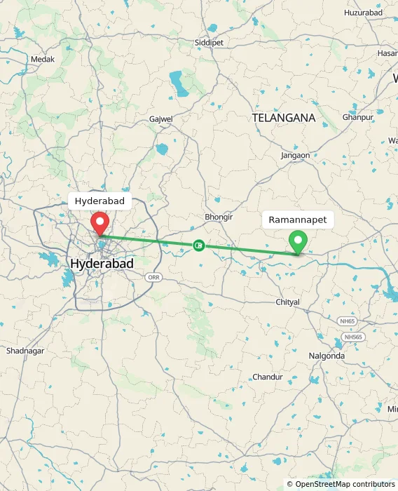 Route map showing distance and travel time from Ramannapet, India to Hyderabad, India