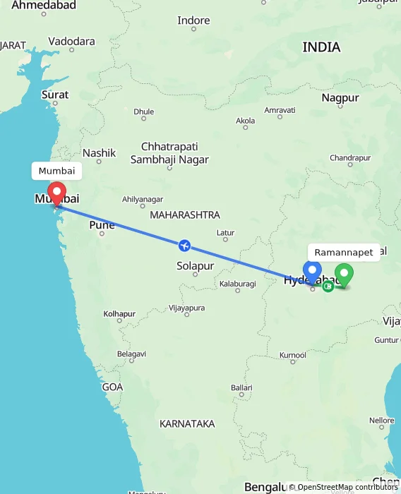 Route map showing distance and travel time from Ramannapet, India to Mumbai, India