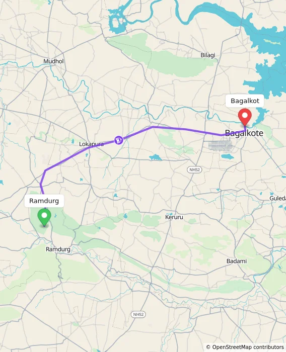 Route map showing distance and travel time from Ramdurg, India to Bagalkot, India
