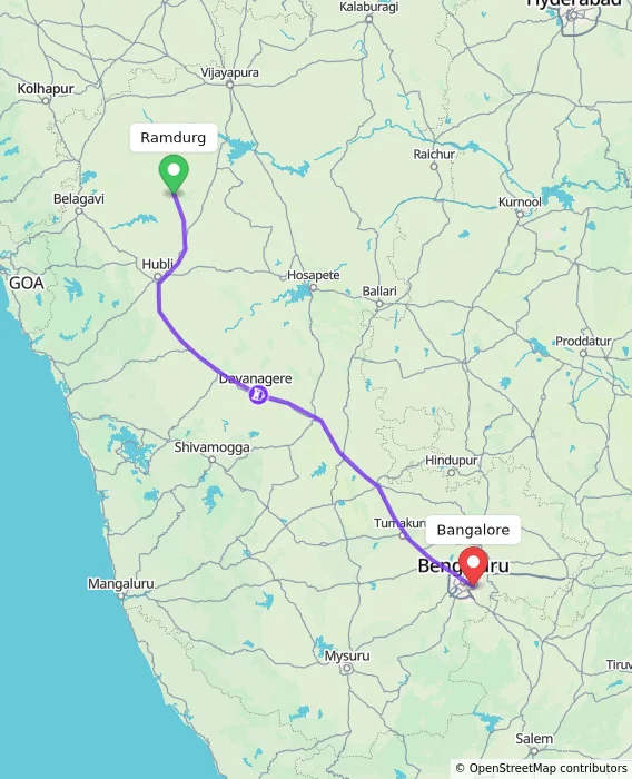 Route map showing distance and travel time from Ramdurg, India to Bangalore, India