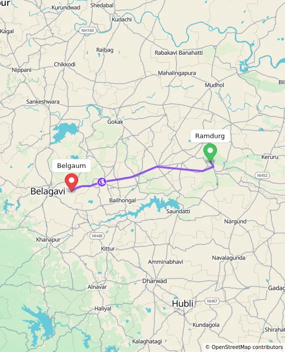 Route map showing distance and travel time from Ramdurg, India to Belgaum, India