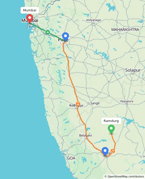 Route map showing distance and travel time from Ramdurg, India to Mumbai, India