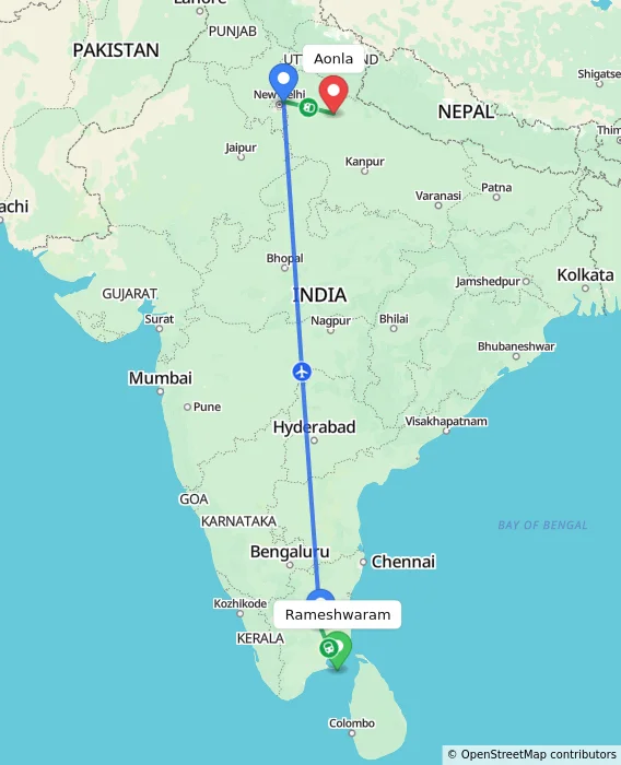 Route map showing distance and travel time from Rameshwaram, India to Aonla, India
