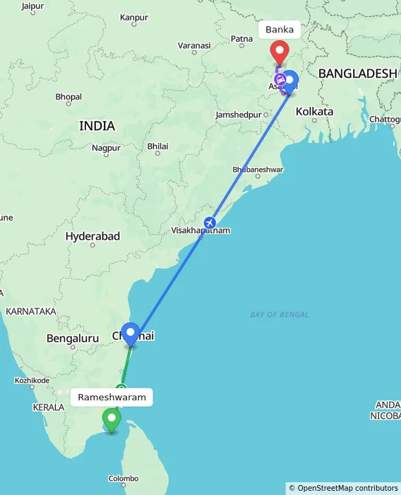 Route map showing distance and travel time from Rameshwaram, India to Banka, India