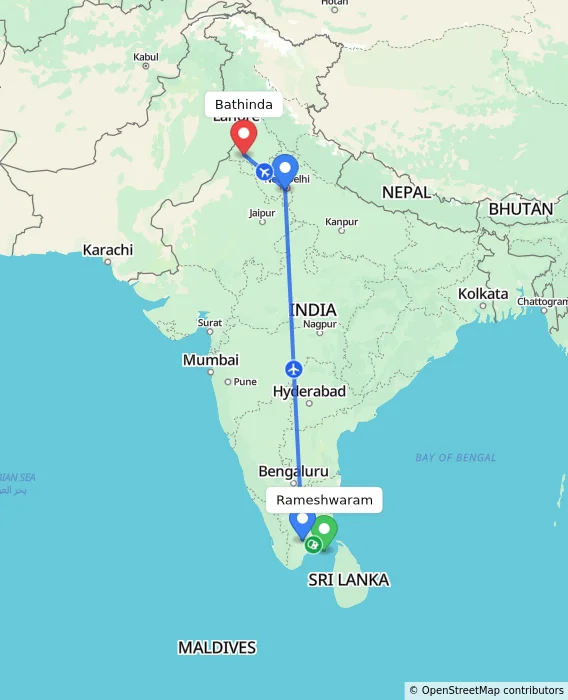 Route map showing distance and travel time from Rameshwaram, India to Bathinda, India