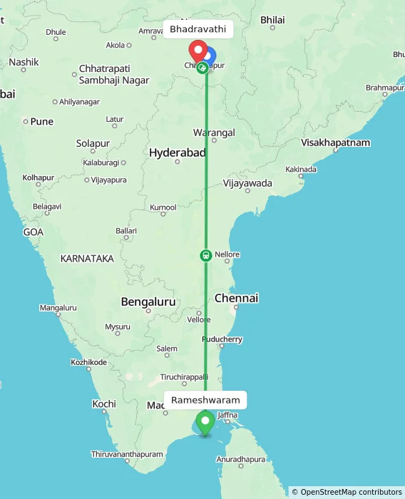 Route map showing distance and travel time from Rameshwaram, India to Bhadravathi, India