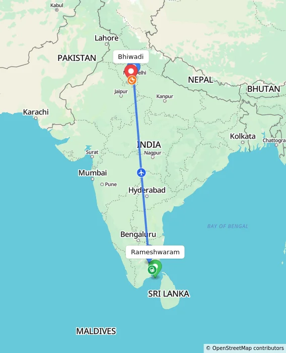 Route map showing distance and travel time from Rameshwaram, India to Bhiwadi, India