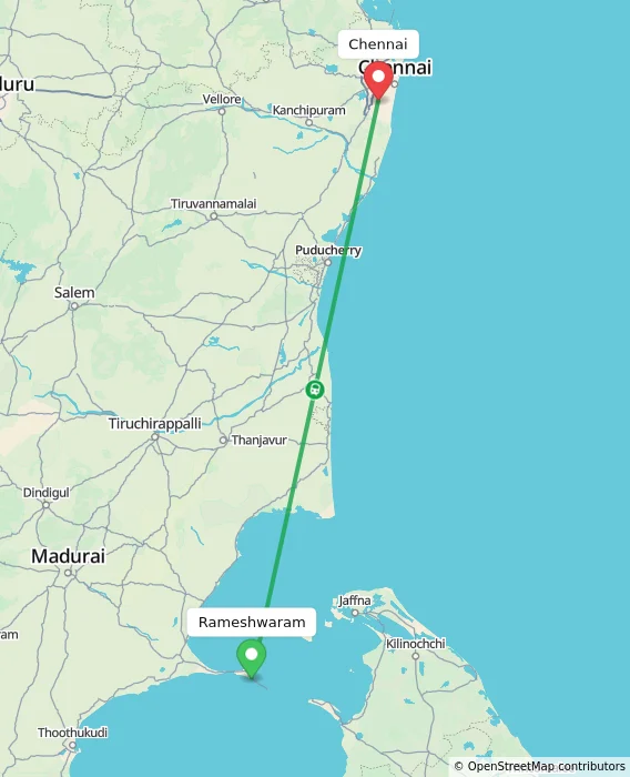 Route map showing distance and travel time from Rameshwaram, India to Chennai, India