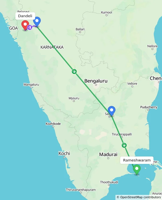 Route map showing distance and travel time from Rameshwaram, India to Dandeli, India
