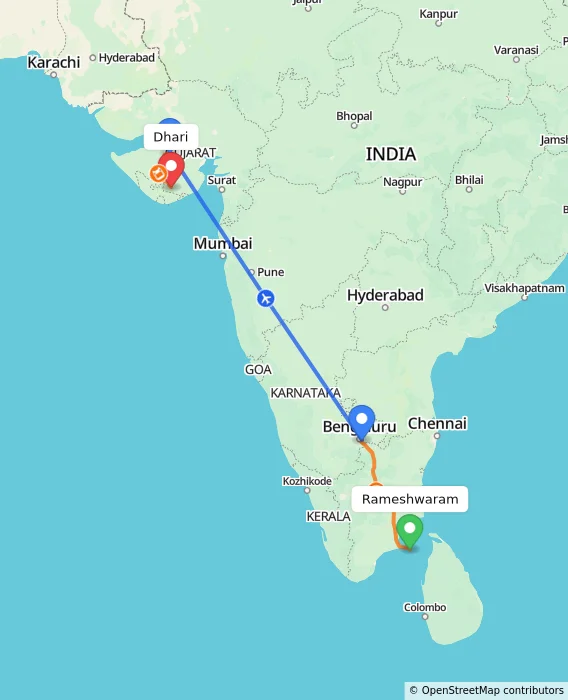Route map showing distance and travel time from Rameshwaram, India to Dhari, India
