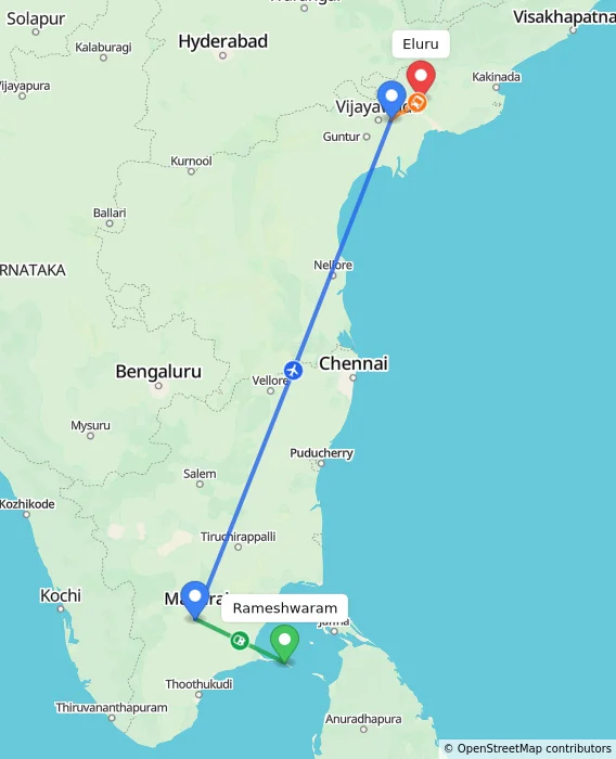 Route map showing distance and travel time from Rameshwaram, India to Eluru, India