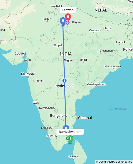 Route map showing distance and travel time from Rameshwaram, India to Etawah, India