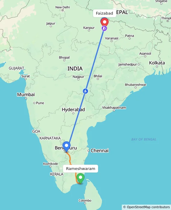 Route map showing distance and travel time from Rameshwaram, India to Faizabad, India