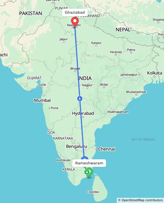 Route map showing distance and travel time from Rameshwaram, India to Ghaziabad, India