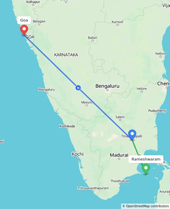 Route map showing distance and travel time from Rameshwaram, India to Goa, India