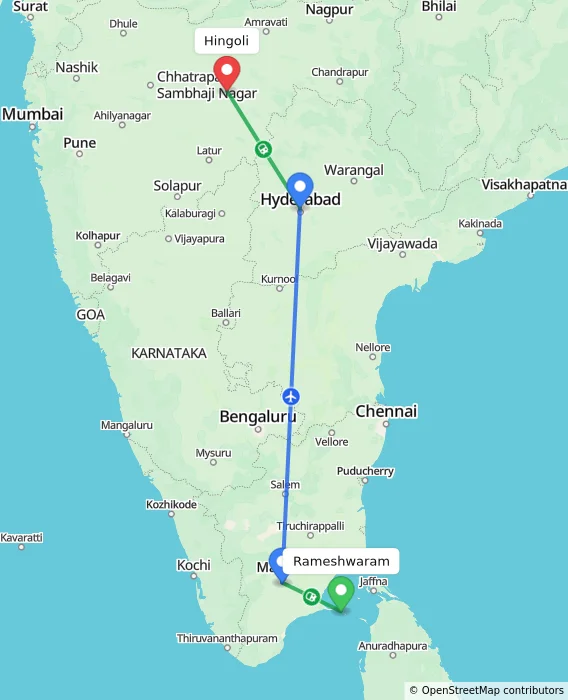 Route map showing distance and travel time from Rameshwaram, India to Hingoli, India