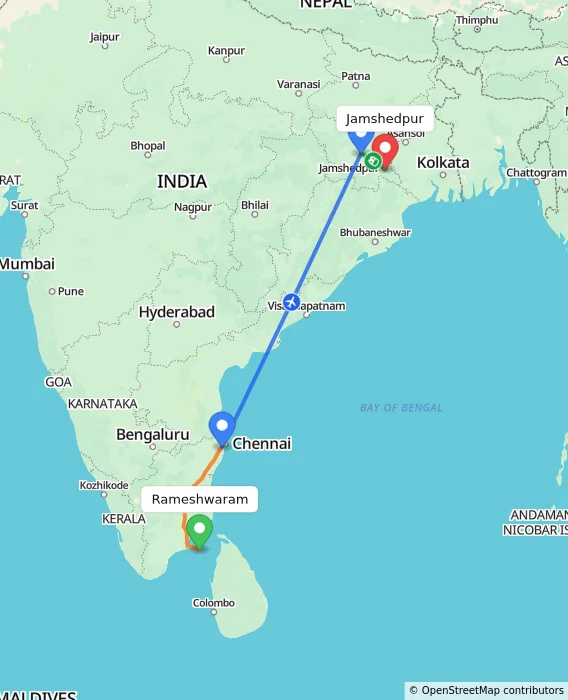 Route map showing distance and travel time from Rameshwaram, India to Jamshedpur, India