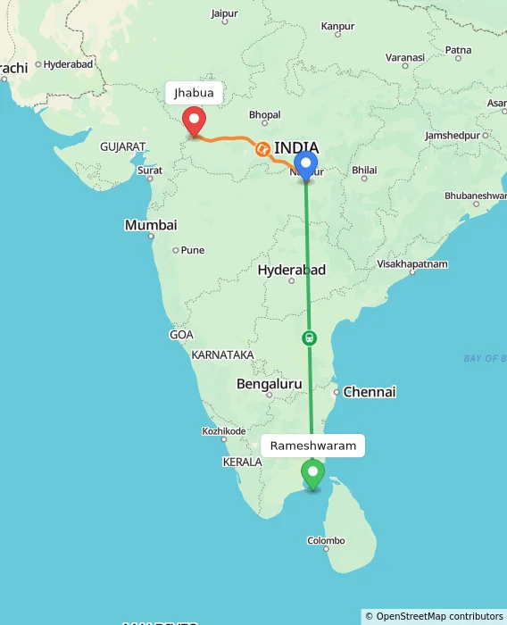 Route map showing distance and travel time from Rameshwaram, India to Jhabua, India