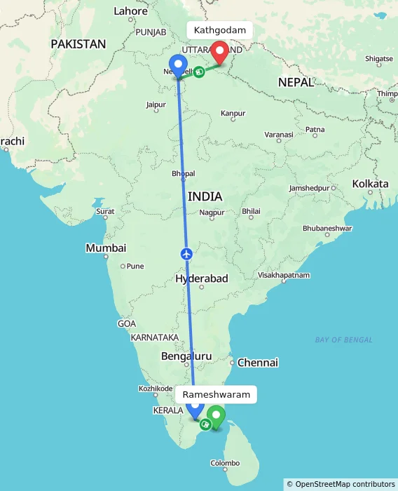 Route map showing distance and travel time from Rameshwaram, India to Kathgodam, India