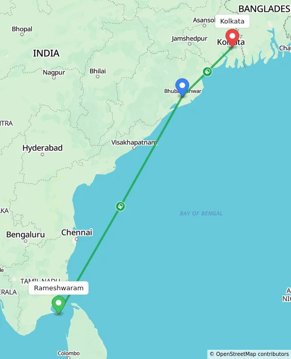 Route map showing distance and travel time from Rameshwaram, India to Kolkata, India