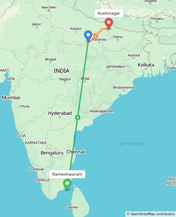 Route map showing distance and travel time from Rameshwaram, India to Kushinagar, India
