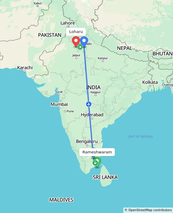 Route map showing distance and travel time from Rameshwaram, India to Loharu, India