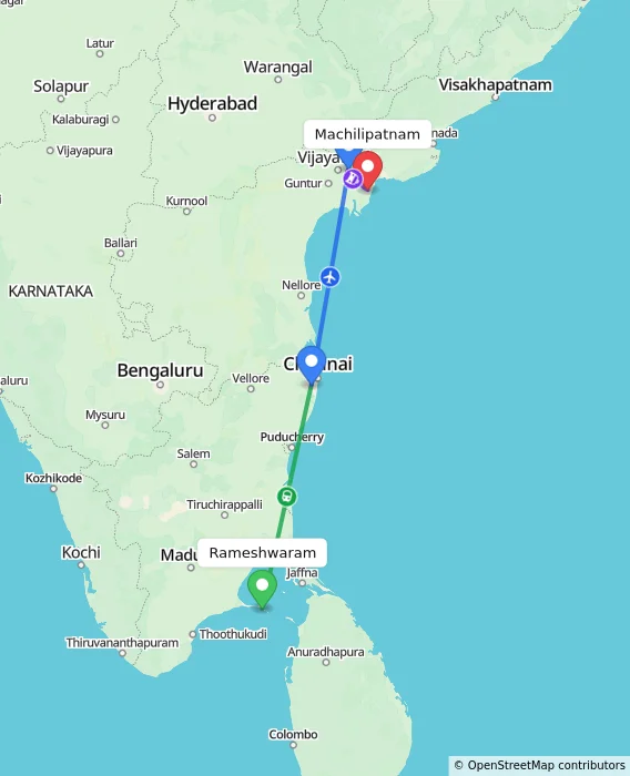 Route map showing distance and travel time from Rameshwaram, India to Machilipatnam, India