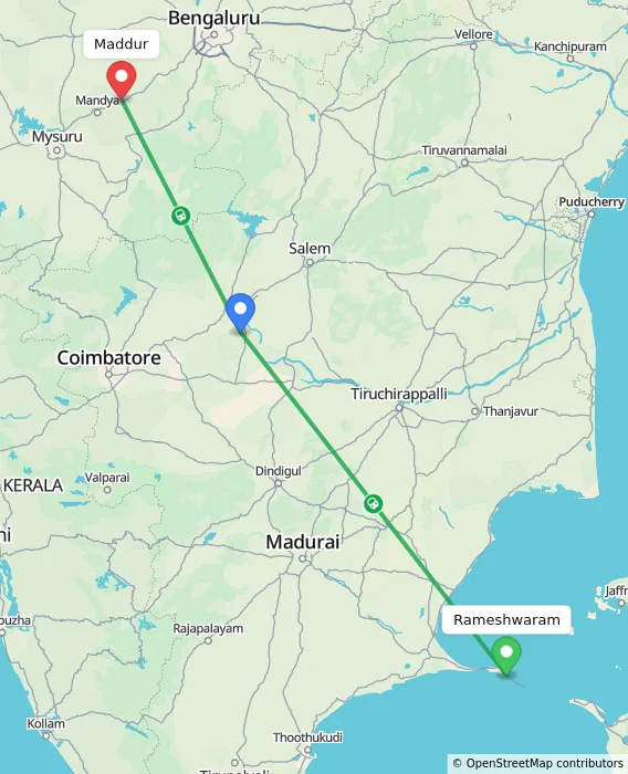 Route map showing distance and travel time from Rameshwaram, India to Maddur, India