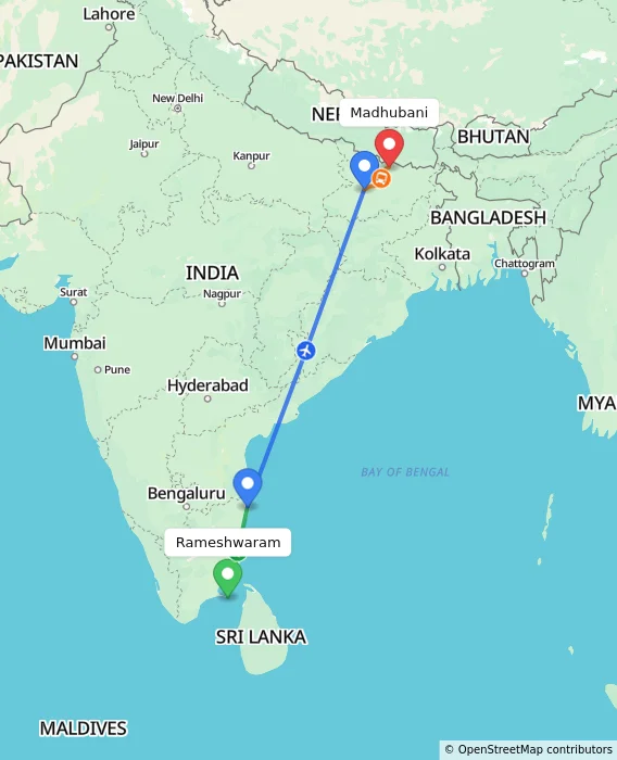 Route map showing distance and travel time from Rameshwaram, India to Madhubani, India