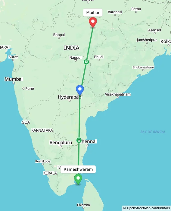 Route map showing distance and travel time from Rameshwaram, India to Maihar, India