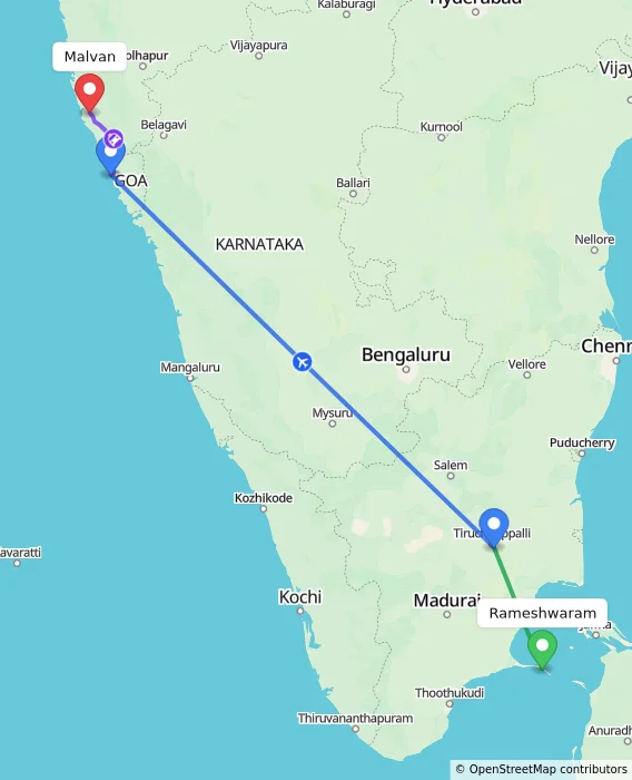 Route map showing distance and travel time from Rameshwaram, India to Malvan, India