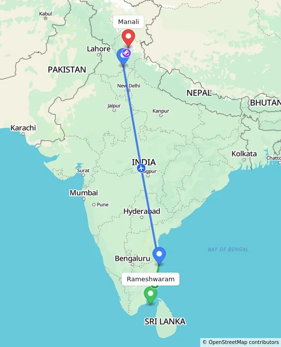 Route map showing distance and travel time from Rameshwaram, India to Manali, India