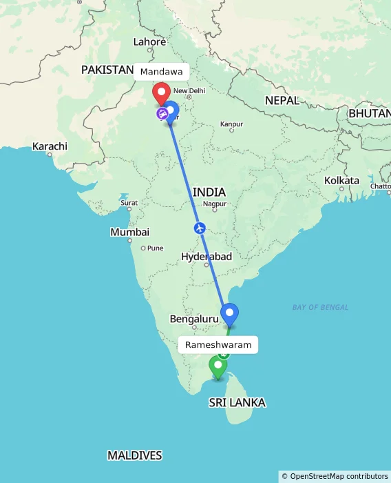 Route map showing distance and travel time from Rameshwaram, India to Mandawa, India