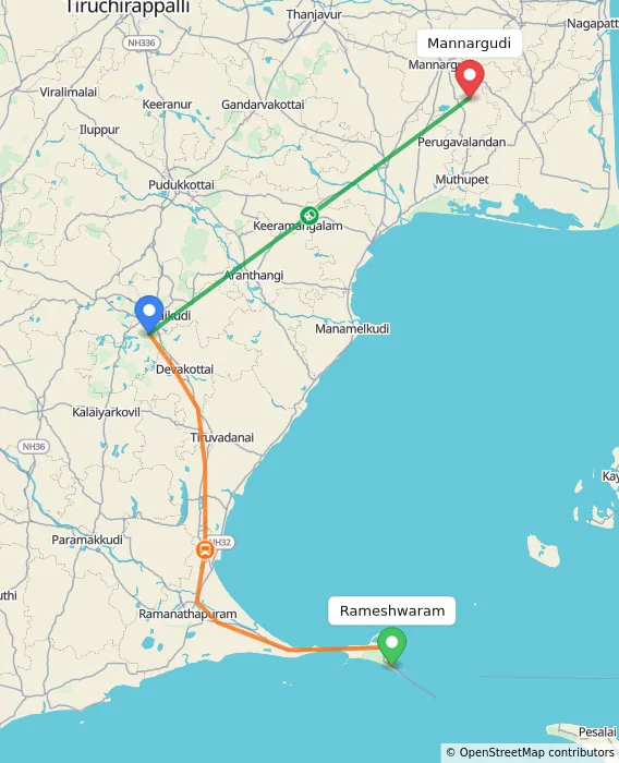 Route map showing distance and travel time from Rameshwaram, India to Mannargudi, India