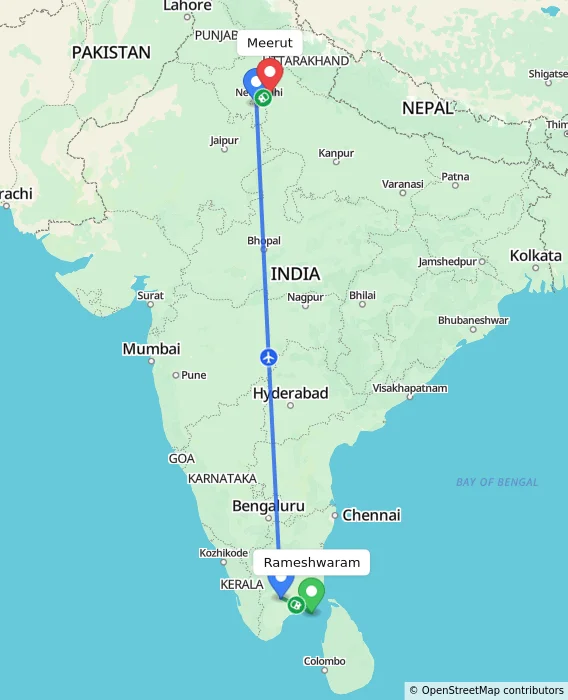 Route map showing distance and travel time from Rameshwaram, India to Meerut, India
