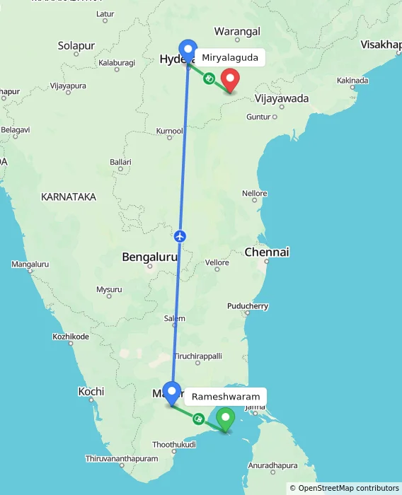 Route map showing distance and travel time from Rameshwaram, India to Miryalaguda, India