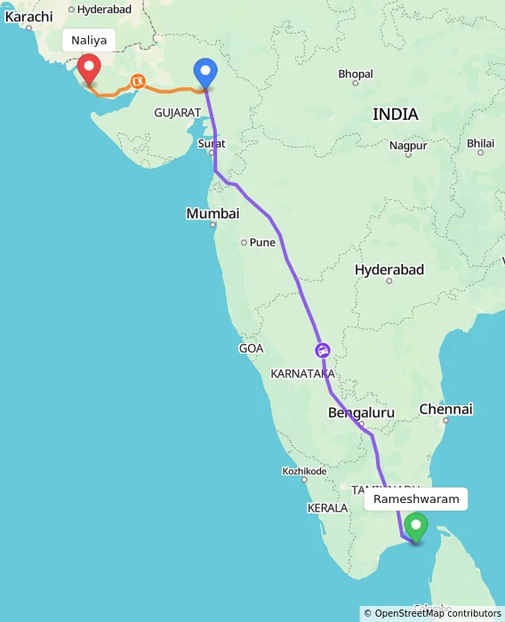 Route map showing distance and travel time from Rameshwaram, India to Naliya, India